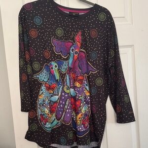 Laurel Burch Colorful Dog Print 3/4 Sleeve Top